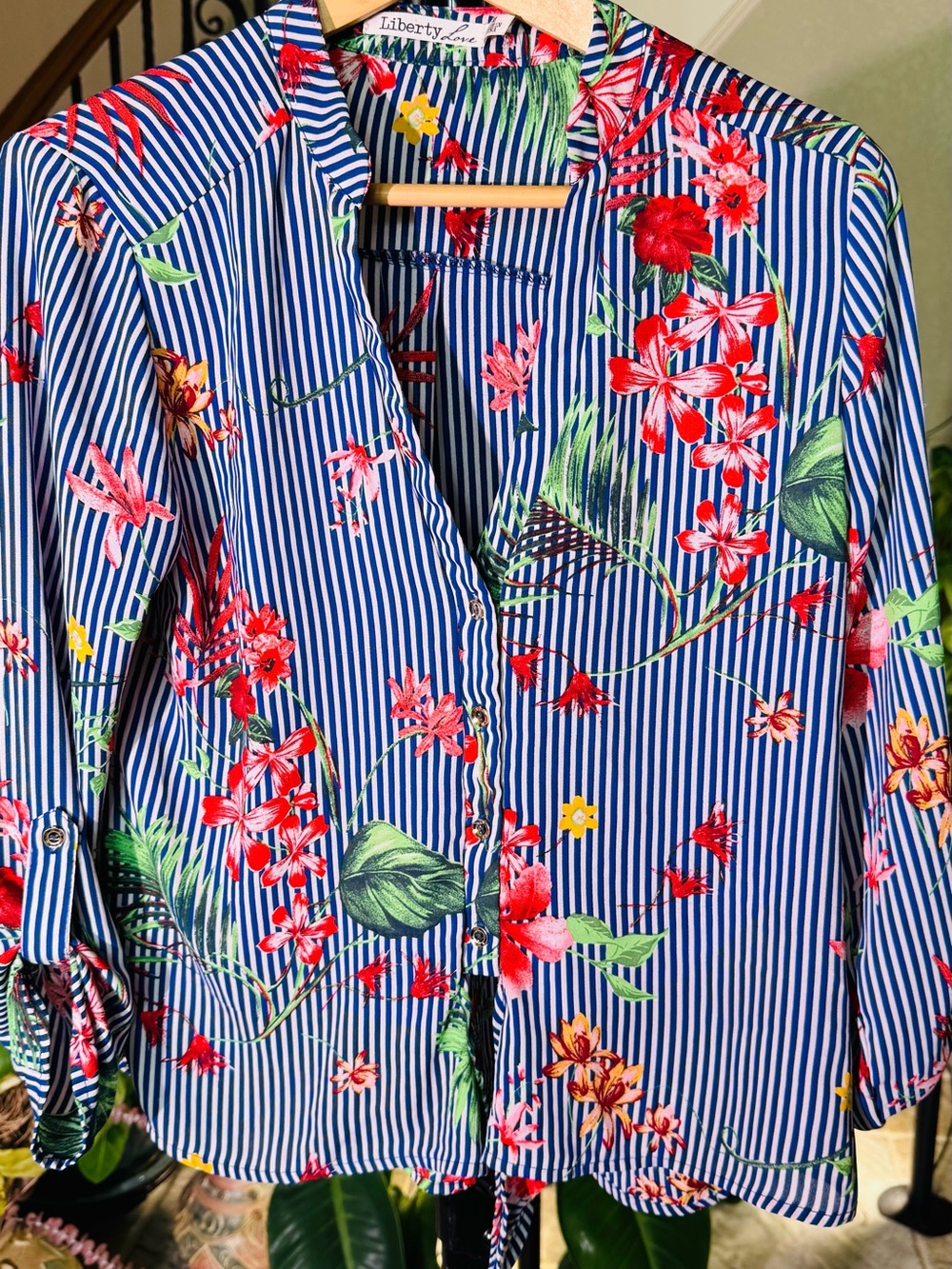 Liberty Love Navy & White Striped Floral Button-Front Blouse